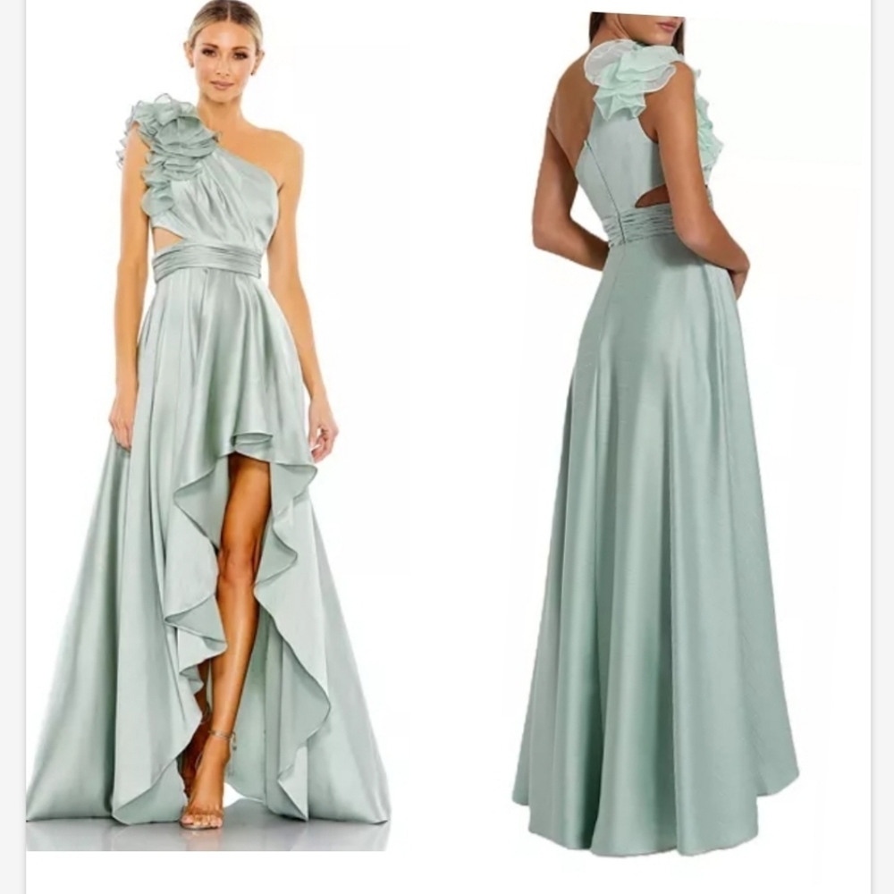 Mac Duggal Ruffled One Shoulder Cut Out Hi-Lo Gown Sage 49523 SZ 12 NEW